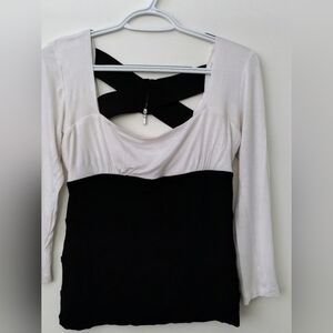 Bebe Black and White Asymmetrical 3/4 Sleeve Blouse